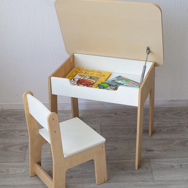 Weißer Kindertisch und Kinderstuhl für Kinder mit aufklappbarer Tischplatte und offener Nische zur Aufbewahrung von Malbüchern und Stiften