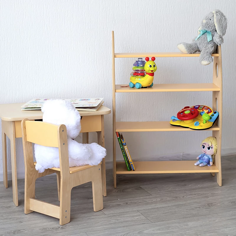 Kindertisch, Stuhl und Regal für Bücher und Spielzeug im Kinderzimmer, Kindertisch, Tisch im Kinderzimmer, Kindermöbel, Tisch und Stuhl für das Kind, Tisch für Kreativität, Tisch zum Zeichnen, Tisch für Spiele, Kinderregal