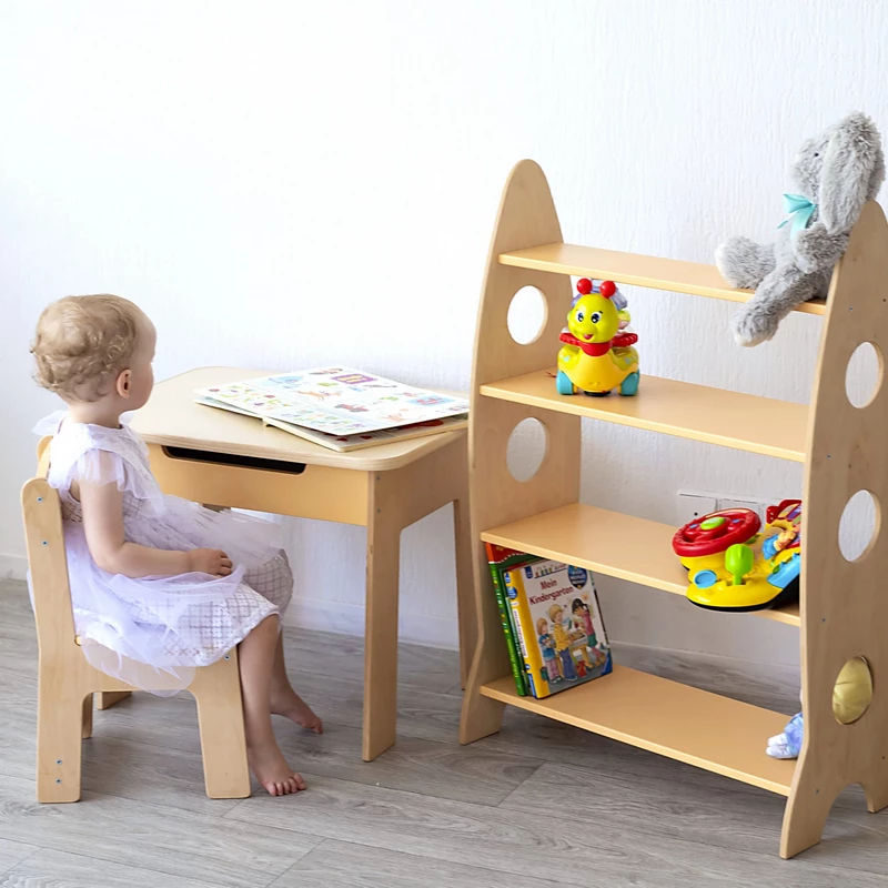 Kindertisch, Stuhl und Regal für Bücher und Spielzeug im Kinderzimmer, Kindertisch, Tisch im Kinderzimmer, Kindermöbel, Tisch und Stuhl für das Kind, Tisch für Kreativität, Tisch zum Zeichnen, Tisch für Spiele, Kinderregal