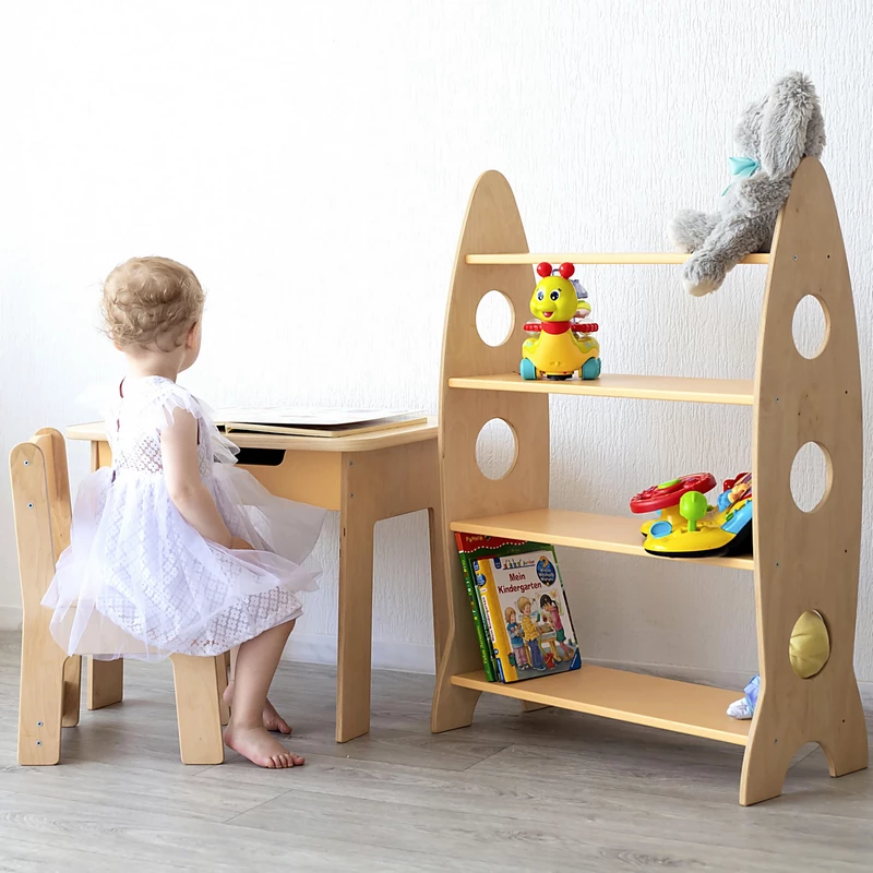Kindertisch, Stuhl und Regal für Bücher und Spielzeug im Kinderzimmer, Kindertisch, Tisch im Kinderzimmer, Kindermöbel, Tisch und Stuhl für das Kind, Tisch für Kreativität, Tisch zum Zeichnen, Tisch für Spiele, Kinderregal