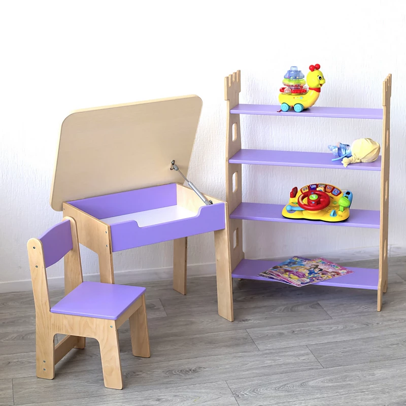 Kindertisch, Stuhl und Regal für Bücher und Spielzeug im Kinderzimmer, Kindertisch, Tisch im Kinderzimmer, Kindermöbel, Tisch und Stuhl für das Kind, Tisch für Kreativität, Tisch zum Zeichnen, Tisch für Spiele, Kinderregal