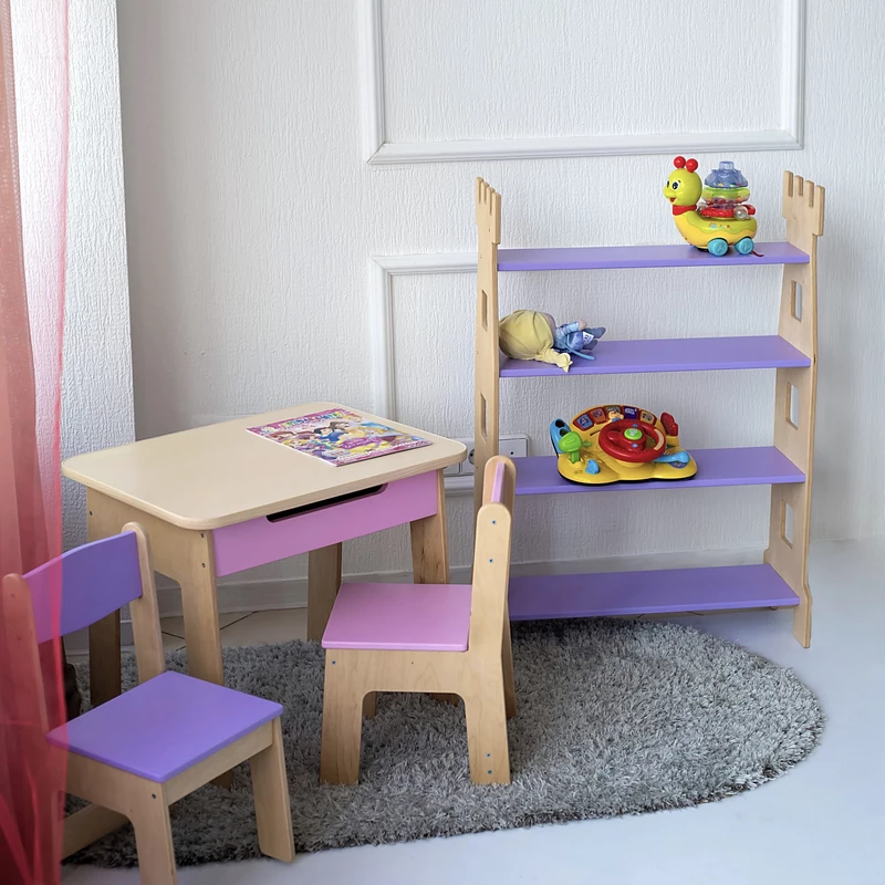 Kindertisch, Stuhl und Regal für Bücher und Spielzeug im Kinderzimmer, Kindertisch, Tisch im Kinderzimmer, Kindermöbel, Tisch und Stuhl für das Kind, Tisch für Kreativität, Tisch zum Zeichnen, Tisch für Spiele, Kinderregal